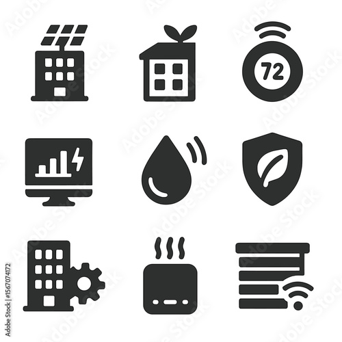 Sustainable Building Icons. Solid, filled icons set of sustainable smart buildings: solar panel, green roof,