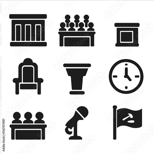 Courtroom Icon Set. Solid, filled icon set of courtroom environment: bench, witness stand, jury box, judge’s chair, legal podium,