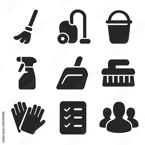 Cleaning Tools Icons. Solid, filled icons set of cleaning the house together: broom, vacuum cleaner, mop
