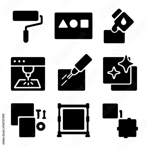 DIY Acoustic Panels Icons. Solid, filled icon set of DIY acoustic panels customization: paint roller, stencils, fabric dye, laser