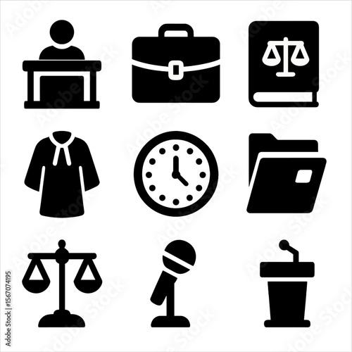 Courtroom Elements Icons. Solid, filled icon set of courtroom elements: witness stand, legal briefcase, law book, judge’s robe,