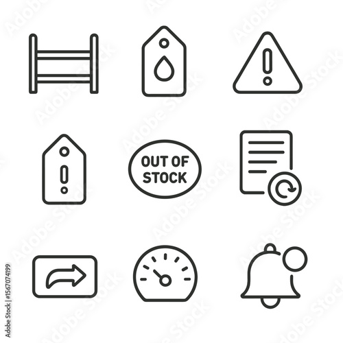 Stock Shortage Icons. Outline icon set of stock shortage alerts: empty shelf, low stock label, warning triangle, exclamation tag,