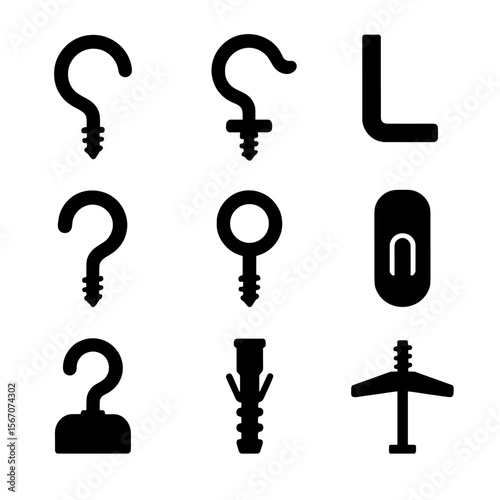 DIY Hardware Icons. Solid, filled icon set of DIY hardware hooks: cup hook, ceiling hook, L-hook, J-hook, eye screw, command hook,
