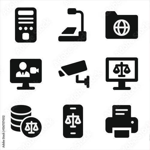 Courtroom Technology Icons. Solid, filled icon set of courtroom technology: digital recorder, evidence projector, online case file