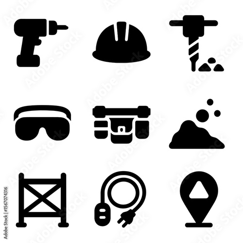 Construction Icons Grid. Solid, filled icon set of construction site drilling: power drill, hard hat, rebar drill, safety goggles,