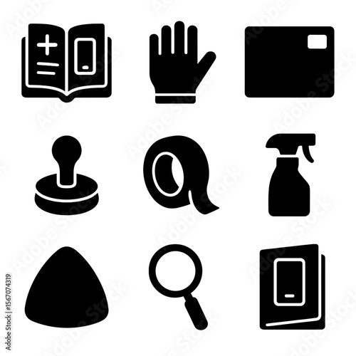 DIY Repair Tool Icons. Solid, filled icon set of DIY repair tips: guidebook, anti-static glove, work mat, suction cup, adhesive