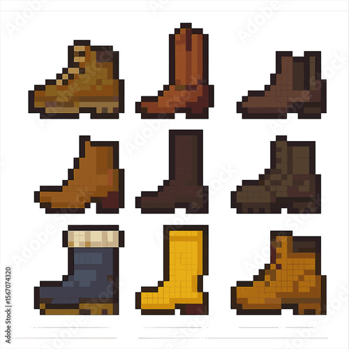 Boot Icon Set. Pixel art icon set of boot types: hiking boot, cowboy boot, Chelsea boot, ankle boot, riding boot, combat boot,
