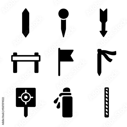 Construction Survey Icons. Solid, filled icon set of construction stakes: surveying stake, boundary marker, grade stake, batter
