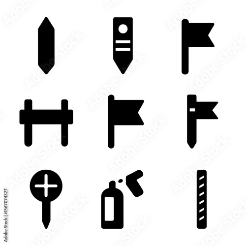Construction Survey Icons. Solid, filled icon set of construction stakes: surveying stake, boundary marker, grade stake, batter