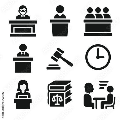 Courtroom Icon Set. Solid, filled icon set of courtroom scenes: judge’s bench, witness stand, jury box, attorney podium, gavel