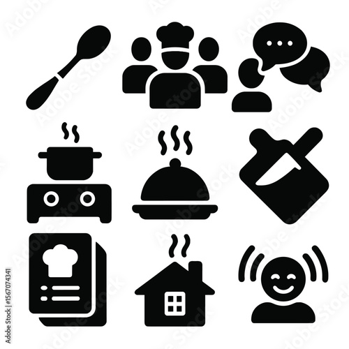 Kitchen Teamwork Icons. Solid, filled icons set of kitchen teamwork and sharing: shared spoon, team cook,