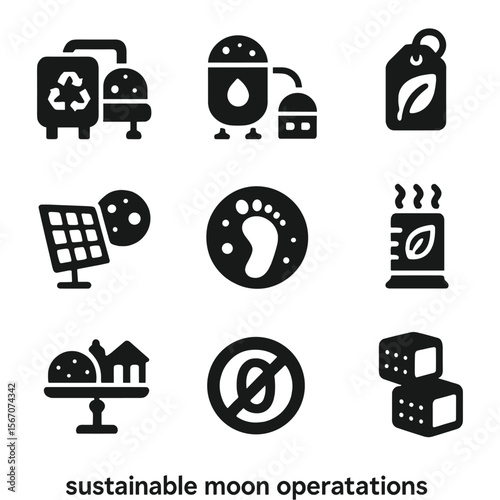 Sustainable Moon Icons. Solid, filled icons set of sustainable moon operations: recycling unit, water recovery