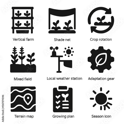 Climate Adaptation Icons. Solid, filled icons set of climate-adaptive farming systems: vertical farm, shade