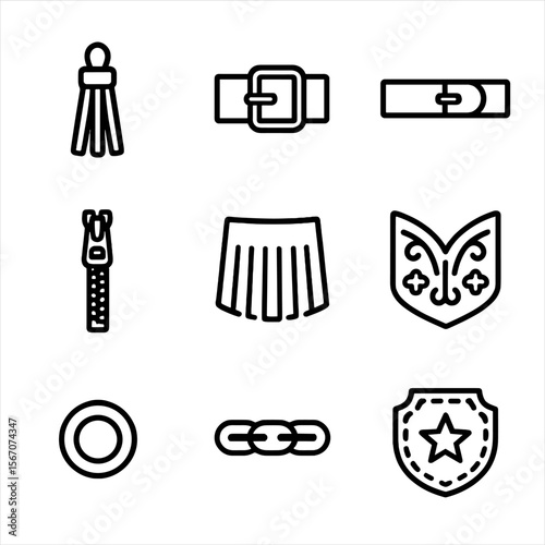 Boot Accessory Icons. Outline icon set of boot fashion accessories: tassel, buckle, strap, zipper, fringe, embroidery, stud, chain