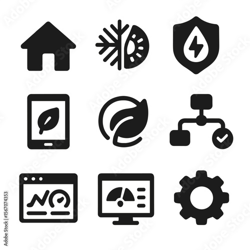 Sustainable Home Icons. Solid, filled icons set of sustainable home management: house icon, climate control,