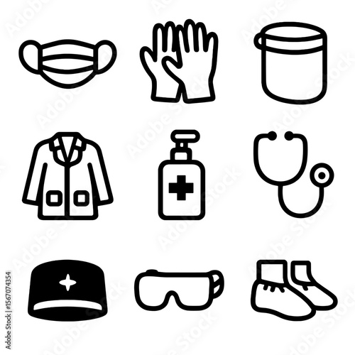 Doctor's Protective Equipment Icons. Solid, filled icon set of doctor’s protective equipment: surgical mask, latex gloves, face