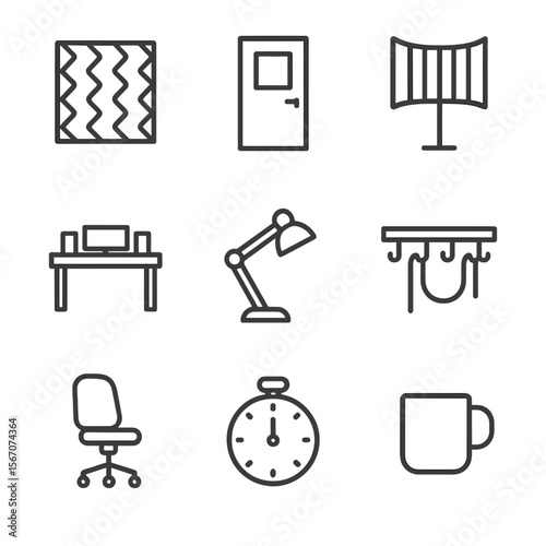 Studio Icon Set. Outline icon set of studio environment and acoustics: acoustic foam panel, isolation booth door, reflection