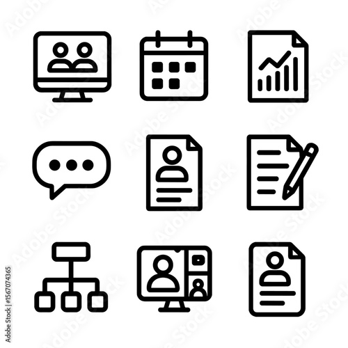 Recruitment Tool Icons. Solid, filled icon set of recruiter tools: CRM system, calendar, analytics report, messaging, resume