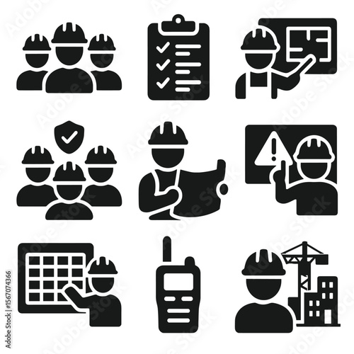 Construction Team Icons. Solid, filled icon set of construction team tasks: crew icon, task list, team briefing, blueprint check,
