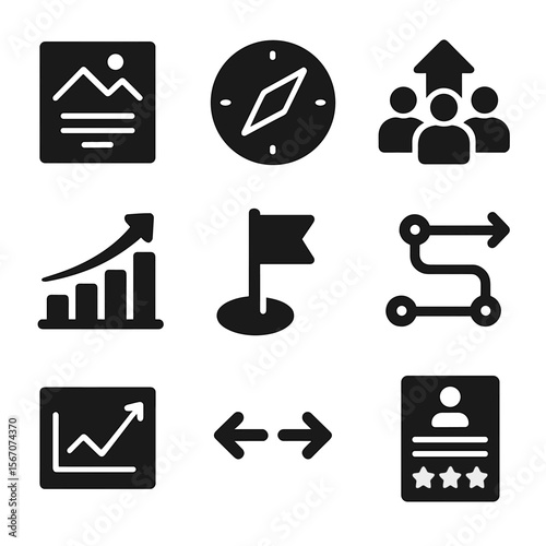Team Alignment Icons. Solid, filled icons set of team alignment tools: vision board, strategy compass, common