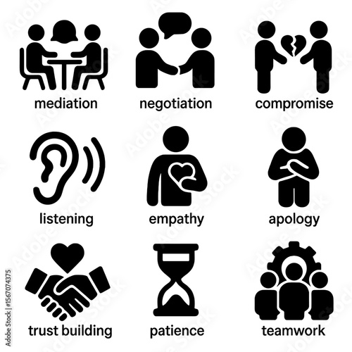 Conflict vs. Viking Icons. Solid, filled icon set of conflict resolution techniques: mediation, negotiation, compromise, listening