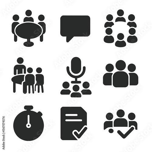 Team Icons Set. Solid, filled icons set of team meetings and discussions: roundtable icon, voice bubble,