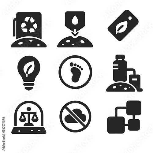 Sustainable Moon Icons. Solid, filled icons set of sustainable moon operations: recycling unit, water recovery