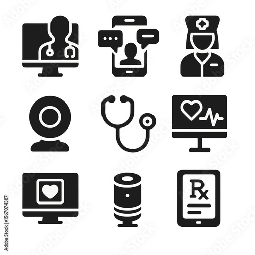 Telehealth Icon Set. Solid, filled icons set of telehealth technologies: video consult, patient chat, virtual