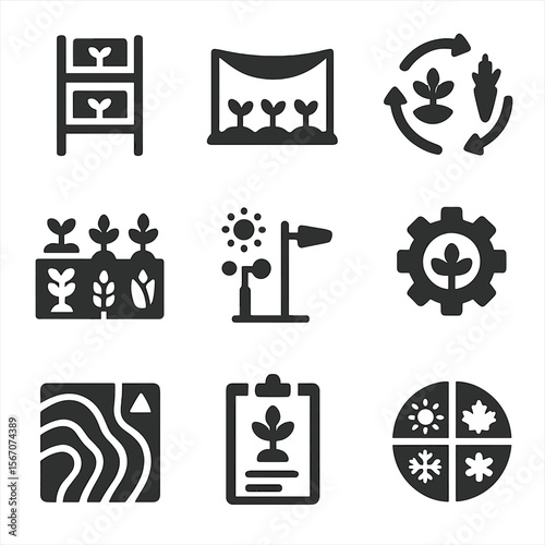 Climate Adaptation Icons. Solid, filled icons set of climate-adaptive farming systems: vertical farm, shade