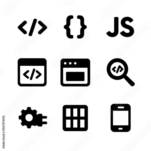 Front-End Tools Icons. Solid, filled icon set of front-end development tools: HTML tag, CSS brackets, JavaScript logo, code editor