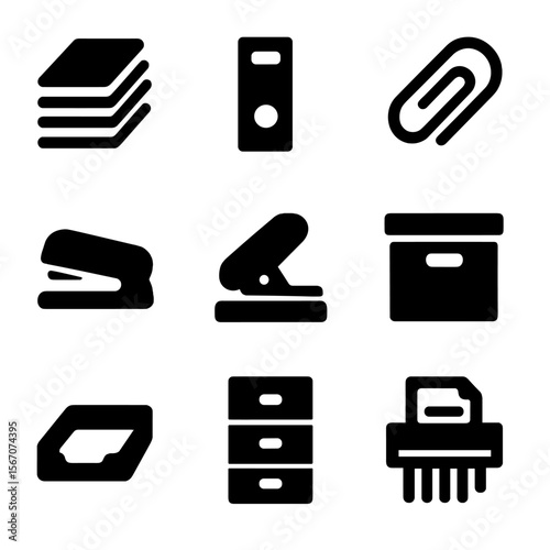 Document Management Icons. Solid, filled icon set of document management: paper stack, binder, paperclip, stapler, hole puncher,