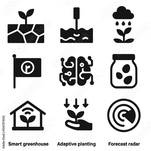 Climate Resilient Icons. Solid, filled icons set of climate-resilient agriculture: drought icon, flood sensor,