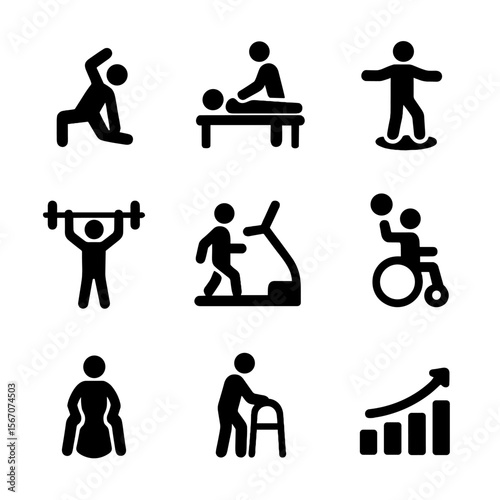 Rehabilitation Icons Grid. Solid, filled icon set of rehabilitation and therapy: stretching exercise, physical therapist, balance