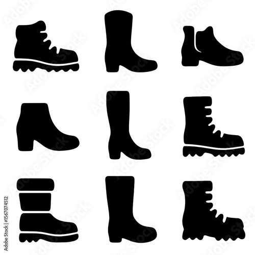 Boot Icon Collection. Solid, Filled icon set of boot types: hiking boot, cowboy boot, Chelsea boot, ankle boot, riding boot,