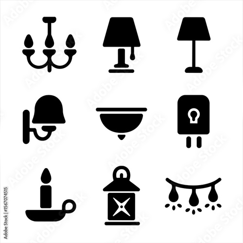 Dollhouse Lighting Icons. Solid, filled icon set of dollhouse lighting: chandelier, table lamp, floor lamp, wall sconce, ceiling