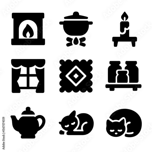 Cozy Kitchen Icons. Solid, filled icon set of cozy kitchen atmosphere: fireplace, stew kettle, candle on table, warm oven, window