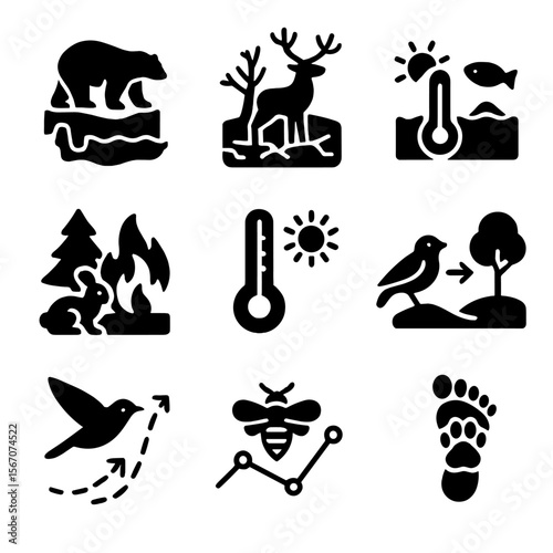 Climate Impact Icons. Solid, filled icons set of climate impact on wildlife: melting glacier, drought, flood,