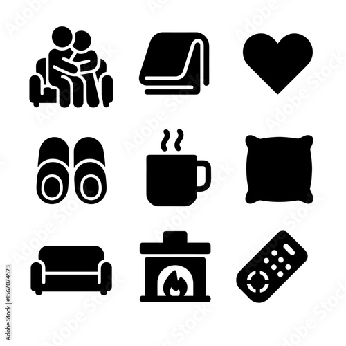 Cozy Couch Icons. Solid, filled icon set of cuddling on the couch: two people hugging, cozy blanket, warm slippers, steaming mug,