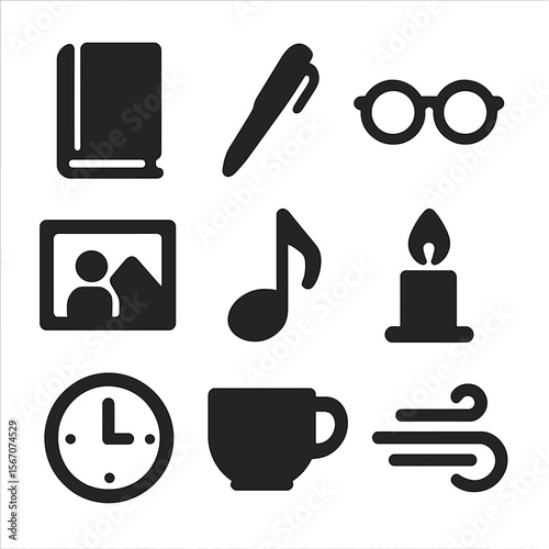 Reflection Tool Icons. Solid, filled icon set of personal reflection tools: diary, pen, glasses, photo frame, soft music note,
