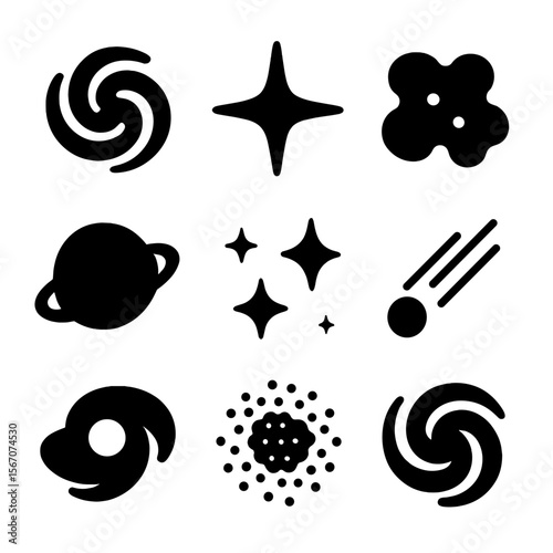 Galactic Icon Grid. Solid, filled icon set of galactic elements and symbols: spiral arm, starburst, nebula, cosmic dust, black