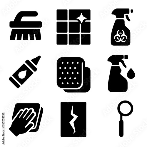 Tile Maintenance Icons. Solid, filled icons set of wall tile maintenance: grout brush, wall tile icon, mildew