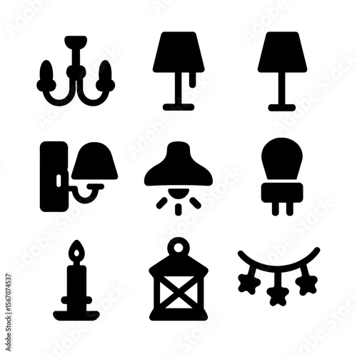Dollhouse Lighting Icons. Solid, filled icon set of dollhouse lighting: chandelier, table lamp, floor lamp, wall sconce, ceiling