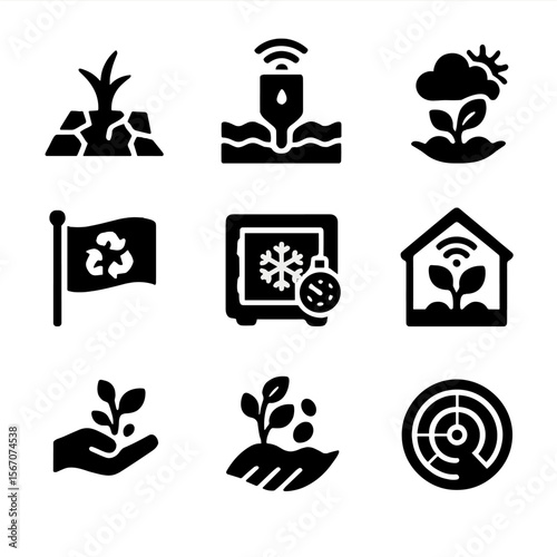 Climate Resilient Icons. Solid, filled icons set of climate-resilient agriculture: drought icon, flood sensor,