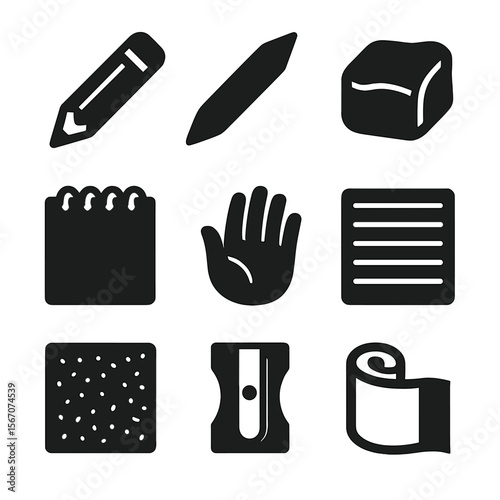 Traditional Drawing Tools Icons. Solid, filled icons set of traditional drawing tools: graphite pencil,