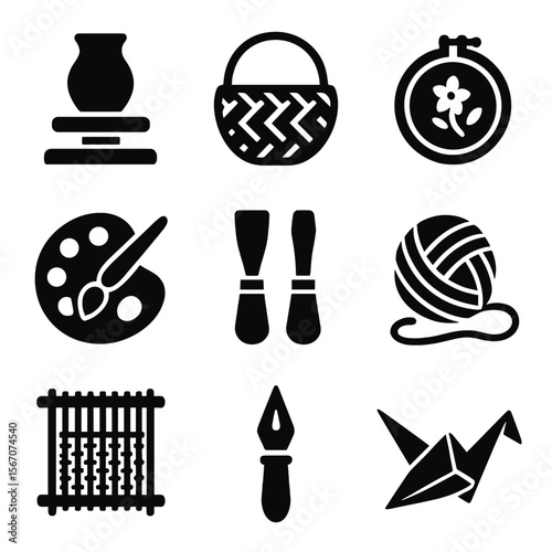 Traditional Arts Icons. Solid, filled icons set of traditional arts and crafts: pottery wheel, woven basket,