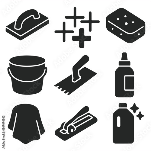 Tile Grouting Tools. Solid, filled icons set of tile grout line: grout float, tile spacers, grout sponge,