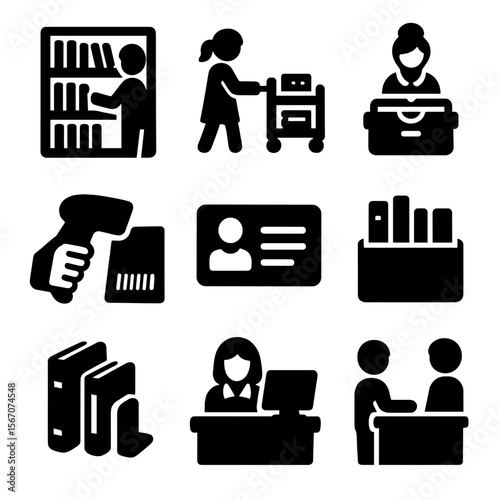 Library Icon Set. Solid, filled icons set of librarians organizing books and resources: bookshelf, book cart,