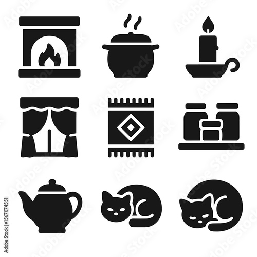 Cozy Kitchen Icons. Solid, filled icon set of cozy kitchen atmosphere: fireplace, stew kettle, candle on table, warm oven, window