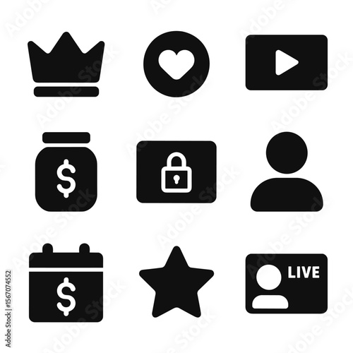 Content Creator Icons. Solid, filled icon set of content creator subscriptions: crown icon, fan badge, exclusive video, tip jar,