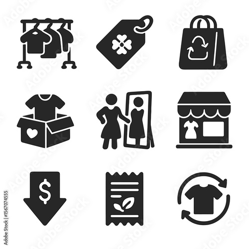 Thrift Culture Icons. Solid, filled icons set of secondhand and thrift culture: hanger rack, vintage tag,